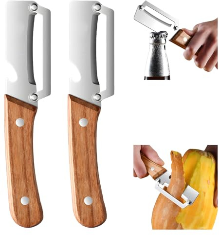Pelapatate Multifunzionale per Cucina, Pelapatate Di Alta Qualità Con Manico in Legno E Apribottiglie, Utensile Da Cucina Con Lama in Acciaio Inossidabile per Frutta (2PC)