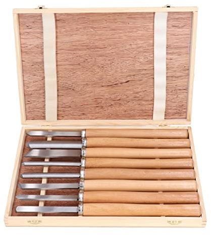 Juego de cinceles para torno de madera de 8 piezas, acero al manganeso de grado 65 profesional con mango de madera de haya para proyectos de carpintería y tallado en madera