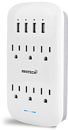 oviitech 6 Outlet Extender with 4 USB Charging Ports(4.2A Total),Wall Mount Outlet Plugs 900 Joules Wall Surge Protector and Top Phone Holder,ETL Listed,White.