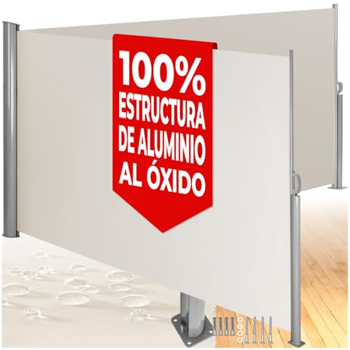 tectake® Toldo Lateral Retráctil, Separador de Ambientes Exterior, Tela Toldo Impermeable 220g/m², Protección Solar, Toldos Exterior Terraza, Poste de Apoyo de Aluminio - 200x600 cm Beige