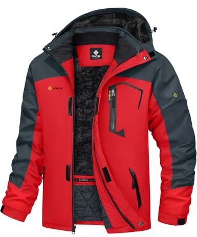 GEMYSE Veste de Ski pour Homme Impermeable Coupe-vent Manteau d'hiver Chaud avec Capuche Blouson Randonnée pour Montagne(Gris Rouge,XL)