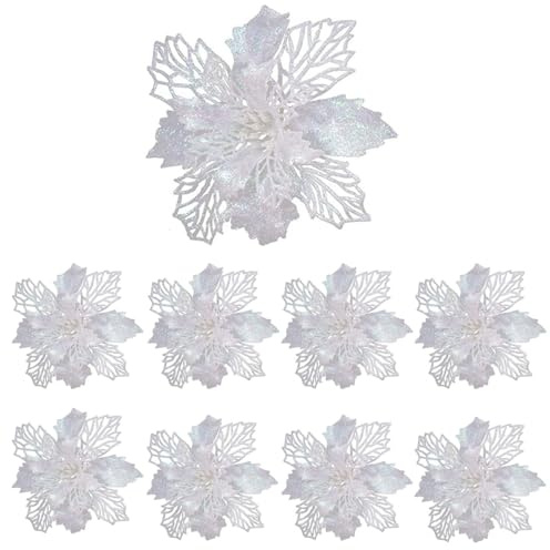 Aisszhao 8PCS Christmas Large Glitter Poinsettia White,16 cm Poinsettia Artificial Flowers,Xmas Poinsettias Decorations White Artificial Christmas Flowers for Xmas Tree Hanging Party Xmas Decor