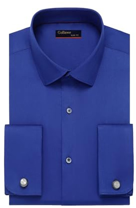 Gollnwe Men's French Cuff Dress Shirt Slim Fit Stretch Solid Long Sleeve Shirts Bussiness Formal Dark Blue M
