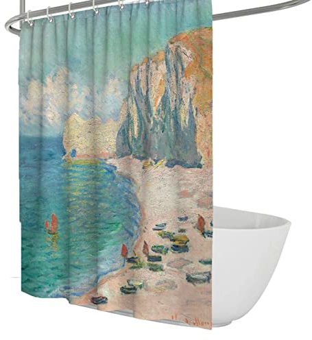 SAISEMIHOME Öl Malerei Stil Duschvorhang Meer Strand Segelboot Piktogramm Berg Naturlandschaft Wasserdicht Badezimmer Vorhang mit Haken W200xL240cm Duschvorhang
