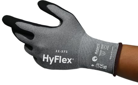 Ansell HyFlex 11-571 Guanti Antitaglio, Rivestimento in Nitrile Traspirante, Guanti da Lavoro Professionali Alta Protezione, Donna e Uomo, Lavabili, Grigio, Taglia L (1 Paio)