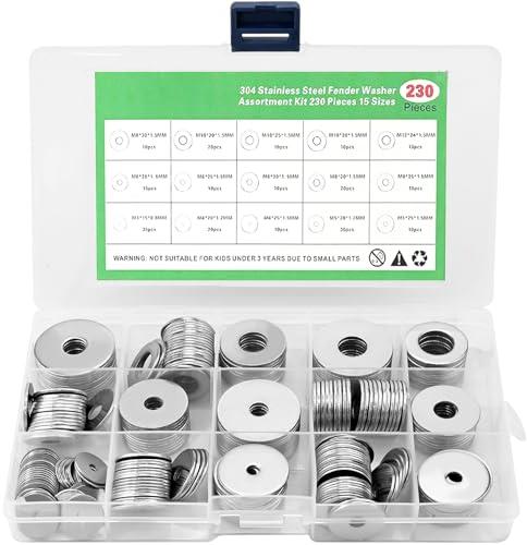 230 Stück Große Flach Unterlegscheiben Set, 304 Edelstahl Flach Beilagscheiben, Sicherungsscheiben Sortiment Kit, Metall Scheiben Muttern, 15 Größen M3/M4/M5/M6/ M8/M10/M12 - (230 Silber)