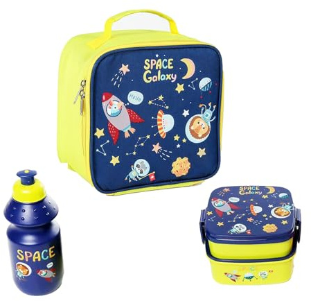 KEAIDUO Space Lunch Bag with Space Lunch Box and Bottle, Gifts for Boys, Bag Back to School Supplies - 600D Insulated Kids Lunch Bag, Kids Snack Box