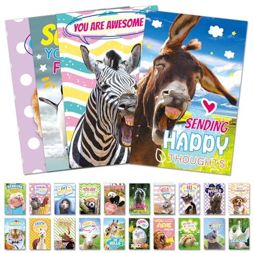 FindFunFine Funny Animal Postcards 58 Pack Unique Greeting Cards Thinking Of You Missing You Note Cards 4X6 Postcards Gifts For Kids, Students, Friends, Teacher Adorable Kid Postcards