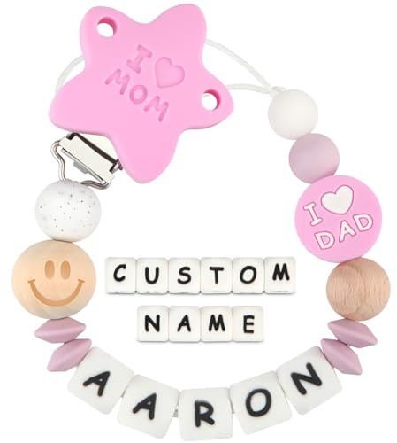 Kowlone Attache Sucette Nom Personnalisé Prenom Silicones Maman papa Attache Tétine en Clips Chaîne pour Bébé Filles Garçons(Violet)