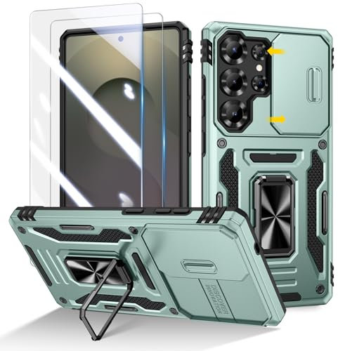 Doeshine for Samsung Galaxy S25 Ultra Case with 2 Pack Screen Protector, 360° Rotate Ring Stand, Slide Camera Cover, Heavy Duty Shockproof Protection Hard Case for Samsung Galaxy S25 Ultra (Green)