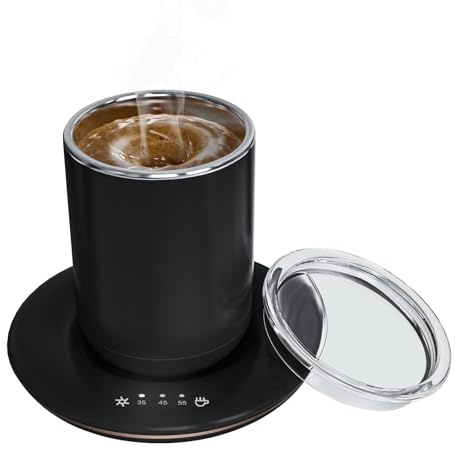 Self Stirring Coffee Mug - Dual Function Temperature Control Mug for Stirring & Heating- Smart Heated Mug for Coffee with Lid, Extra Stirring Pill & Charger- Electric Coffee Cup in a Gift Box-Black