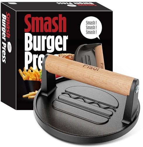 Pisol Smash Burger Press, Pre-Seasoned Cast Iron Hamburger Smasher, 2 lb Heavy-Duty Grill Bacon Meat Press Tool with Wood Handle, 6.6”