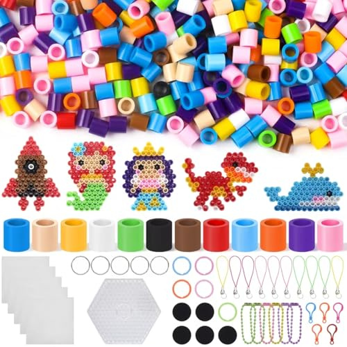 Set de perles à repasser, 1400 pièces de perles à repasser 10 mm en 12 couleurs avec plaques, papier à repasser, anneaux porte-clés – kit de loisirs créatifs DIY pour enfants, garçons et filles