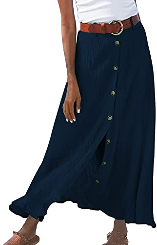 Jupe Lin Femme Taille Haute Ete Fente avec Boutons Couleur Unie Casual Jupes Mi Longue Chic Et élégant Grande Taille Léger Fluide Coton Et Lin De Plage Voyage Vacances Quotidien