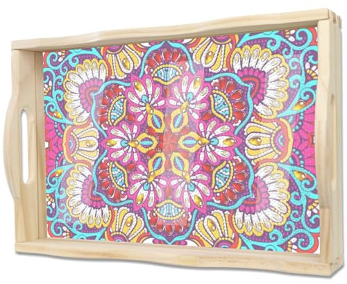 EWJRNSF Diamond Art Kits for Adults Wooden Serving Trays with Handles, 5D Diamond Painting Big Gem Arts and Craft Gifts Trays Decor Gift Home Decor 9.8x13.8 Inches Mandala
