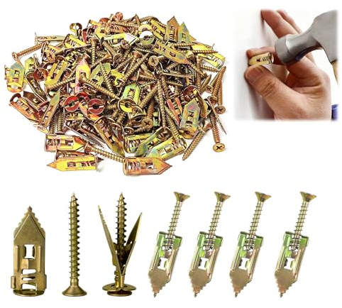 100 Pcs Tasselli Autoforanti per Cartongesso con Viti di Ancoraggio a Parete, Viti e Tasselli Autoperforanti per Fissaggio Facile, Alta Resistenza, Senza Fori o Danni sulla Parete
