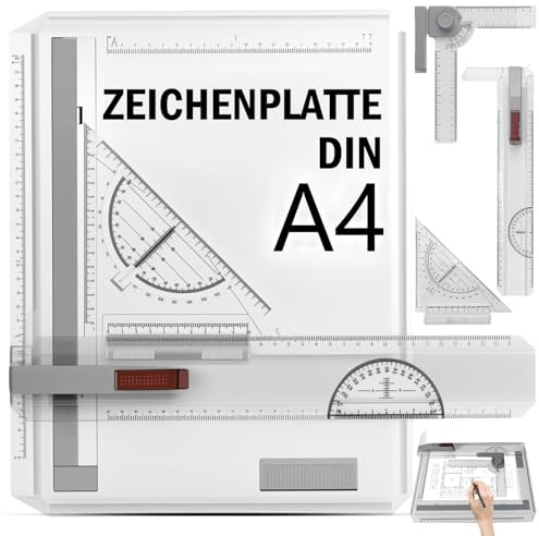 XEIYEI Zeichenplatte DIN A4 Multifunktions Zeichenplatte Set mit Drehkreis Zirkel A4 Zeichenbrett Schnellzeichendreieck mit Parallel-Lineal und L-System für Studenten Designer exaktes Arbeiten