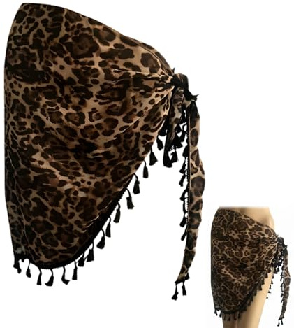 Sarong Dam strand omlottkjol med fransar leopardtryck strandhandduk stor pareo-duk chiffong bikini täcka sommar strandkjol för semester pool 50 x 180 cm svart