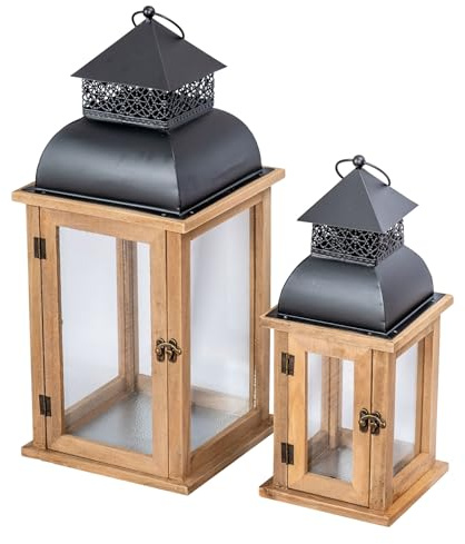 2 Piezas. Juego de faroles de Madera, Metal y Cristal – Wind Color de luz Natural marrón – Portavelas Farol – Linterna de jardín Madera Jardín Iluminación Decoración Vintage Antiguo