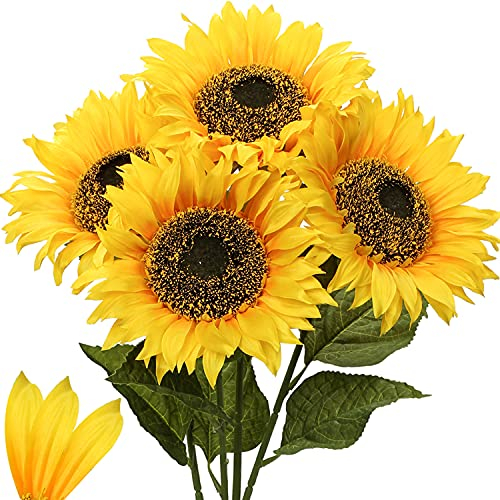 Briful Künstliche Sonnenblumen Groß Kunstblumen Dekorative Seidenblumen Kunstpflanzen Sunflowers für Hochzeit Party Tischdeko Dekoration 4 Stücke