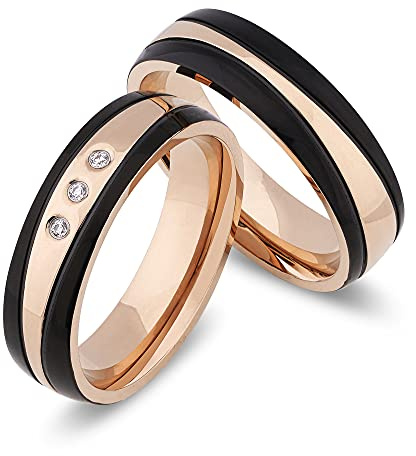 Schmuck Depot Partnerringe & Eheringe aus Edelstahl mit 3 Zirkonia – Paar Verlobungsringe/Hochzeitsringe/Freundschaftsringe inkl. Gravur | Modell 8010 (rose & schwarz)