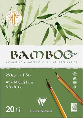 Clairefontaine 975918C - Bamboo Single-Sided Pad - 20 Sheets 100% Bamboo Paper Natural White Watercolour 100% Vegan - Finely Marked Grain A5 14.8x21 cm 250g