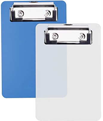 AZWOOD Lot de 2 mini borniers avec pince en métal caoutchouté, 15 x 10 cm, bloc-notes en plastique de qualité supérieure pour bloc-notes, reçus, listes de poche (bleu, blanc)