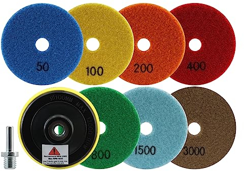FOCSTOL Tamponi Diamantati per Lucidatura - 7 pezzi 100mm (#50-#3000) Disco Diamantato per Lucidatura con M14 Filettatura Adattatore per Granito Marmo Pietra Artificiale Quarzo