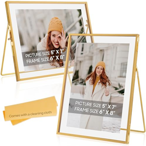 Jajamy Gold Floating Frame Set of 2, 6 x 8 Tempered Glass Floating Picture Frames for Vertically and Horizontal Tabletop Display, Fit for Multi Size 5x7, 4x6 3x5 Photos