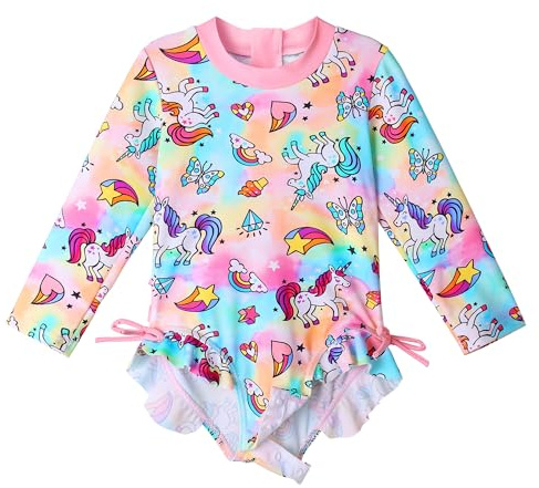 XFGIRLS Girls Swimming Costume Long Sleeve Button Sunsuit Toddler Girls Swimsuit Swimwear for Girls S415_Pink Horse 36M