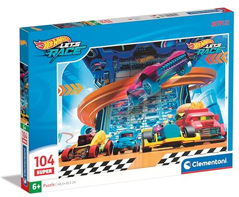 Clementoni Jigsaw Puzzle Hotwheels 104 Pieces - Supercolor Puzzle For Children 6-8 Years, Cartoon, Cars, Gift For Boy/Girls, Puzzle For Kids, Made In Italy, 25777
