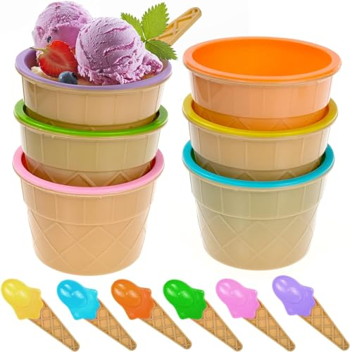 LTHERMELK 6er-Set Wiederverwendbare Eisbecher Mit Schaufel, Plastik Dessertbecher,Bonbonfarbene Eisbecher Plastik (Gelb + Blau + GrüN + Orange + Rosa + Lila)