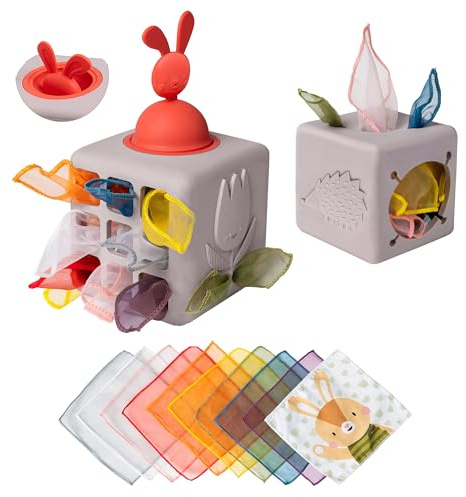 Taf Toys Baby Tissue Box Toy Silicone Baby Toys 6-12 Months Montessori Toys Sensory Activity & 10 Tissues for Fine Motor Development Soft Interactive Silicone Learning Cube for 1 Year Old Toddlers