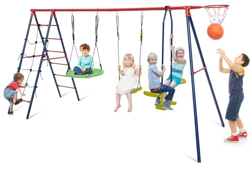 COSTWAY 6 in 1 Kids Swing Set, Heavy Duty Metal Swing Frame with 2 Swings, Glider, Basketball Hoop, Climbing Ladder and Net, Children Playground Playset for Backyard Garden (Red)