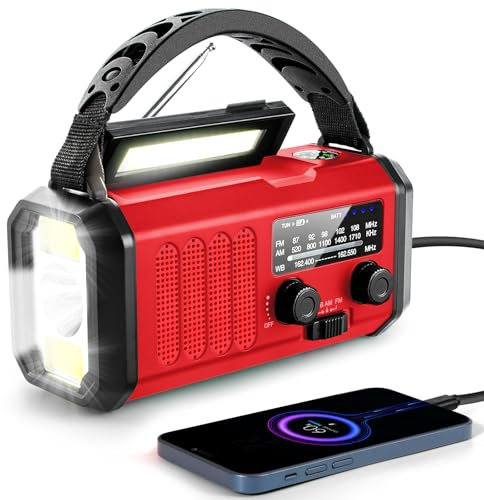 10000mAh Emergency Crank Radio, NOAA/AM/FM Weather Radio, Type-C Charge,Solar Charging,SOS, 3 Modes LED Torch, Reading Lamp, Compass for Outdoor Survival (Red)