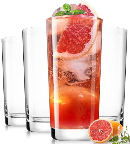 LUNA & MANTHA Drinking Highball Glasses Set of 4, Water Glasses 16 oz, Wide Mouth Design Lead-Free Crystal Glassware, Tall Glass Cups for Mojito and Tom Collins, Cocktail