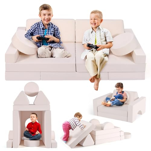 Lischwert Kindersofa, 14pcs Spielsofa für Kinder Schaumstoff Bausteine, Modulares Kindersofa Weicher Kindermöbel Couch für Jungen und Mädchen Entwicklung Intelligenz（Beige）