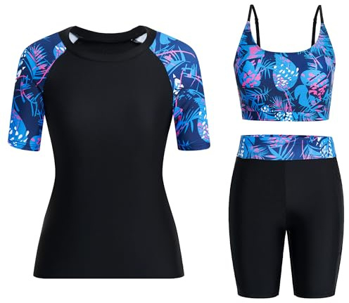 Owntop Maillot de bain 3 pièces Rashguard UPF50+ UV pour femme | Rashguard à manches courtes, haut de bikini et short taille haute | maillots de bain modestes | natation surf