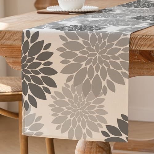 ViaElayu Chemin de Table Gris Dahlia Printemps Décoration de Table Moderne Lavable Décoration de Table Saisonnier Cuisine Table Couverture Intérieur Vacances Fête Décor 40 x 140 cm