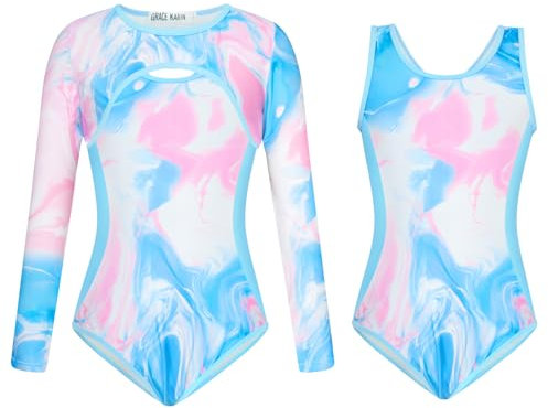 GRACE KARIN Mädchen 2 Teiliger Badeanzüge Sommer Swimsuit Einteiliger Badeanzug Bequem Dehnbar Rashguard-Set Blau 8-10 Jahre