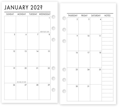 Personal Size Month on 2 Pages Insert – 3.74 x 6.73, Monthly Calendar Refill for Planning Scheduling Overview, Dated Monthly View, Sunday Start, Choose from Standard or Academic Year