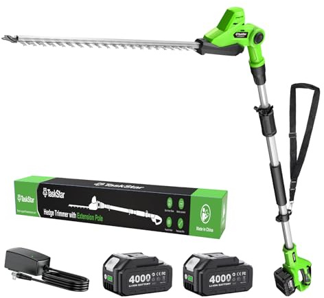 TaskStar Pole Hedge Trimmer Cordless: 20 Electric Long Reach Shrub & Bush Trimmer with Extension Pole, 2x4.0Ah Battery, Dual-Action Blade Hedge Clippers, 3000 SPM High-Speed Motor, 8-Feet Reach