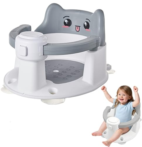 KIRJAUDU Asiento de Bañera para Bebés con Diseño de Gato, Silla Antideslizante con 4 Ventosas, Asiento Ergonómico y Seguro para Bañera y Ducha