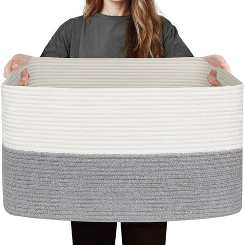 WILLITAT Large Storage Basket, Rectangular Cotton Rope Basket for Blankets, Toys, Clothes, Towels, Woven Baby Washing Basket for Laundry, 56x43x30.5cm, 75L, Grey