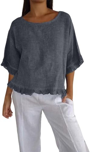 Bluse Donna Curvy Estiva Camicette Cotone E Lino Manica Tre Quarti Vintage Fiori Maglia Elegante Girocollo Fantasia Blusa Firmate Primavera Moda Magliette Leggero Comode Tshirt Casual