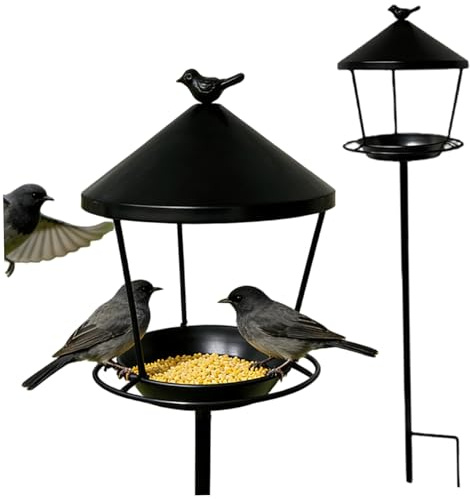 Mangiatoia per Uccelli con Palo Supporto per Mangiatoia per Uccelli Resistente - Paletto in Ferro Battuto con Ampio Vassoio per Sementi per Patio da Giardino Nessun assemblaggio richiesto Nero
