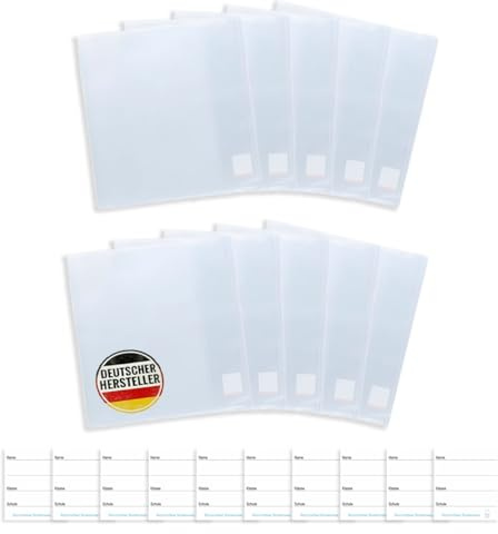 Brunnen 10er Set Buchumschläge Buchhülle Transparent – Für Buchhöhe 26,5 cm – Premium Buchschoner Inklusive 10 extra Ersatzaufkleber zur Wiederverwendung – Robuste Schutzhüllen im Vorratspack