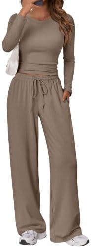LILLUSORY Lounge Wear Sets for Women UK Tracksuit Airport Fall Gym Outfits 2026 2 Piece Co Ords Pajamas Yoga Gym Autumn Clothes Mocha M