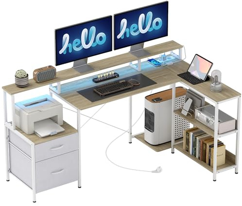 HOMCOM Bureau d'angle avec Prises et Lumières LED RGB 172x100cm Blanc | Bureau d'Ordinateur, Support d'Écran, 2 Tiroirs en Tissu, Support Imprimante, Table Informatique, Chambre, Coin Travail