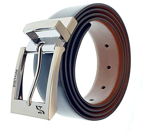 STARHIDE Men’s Reversible Leather Dress Belt – Black & Brown Twist Design, 1.3 Wide, Removable Chrome Buckle, Formal & Casual Belt with Gift Box – SB09 (Medium 34 - 36)